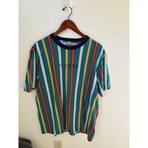Guess Mens Size M Striped Multicolor T Shirt Vintage 90’s Embroidered Logo